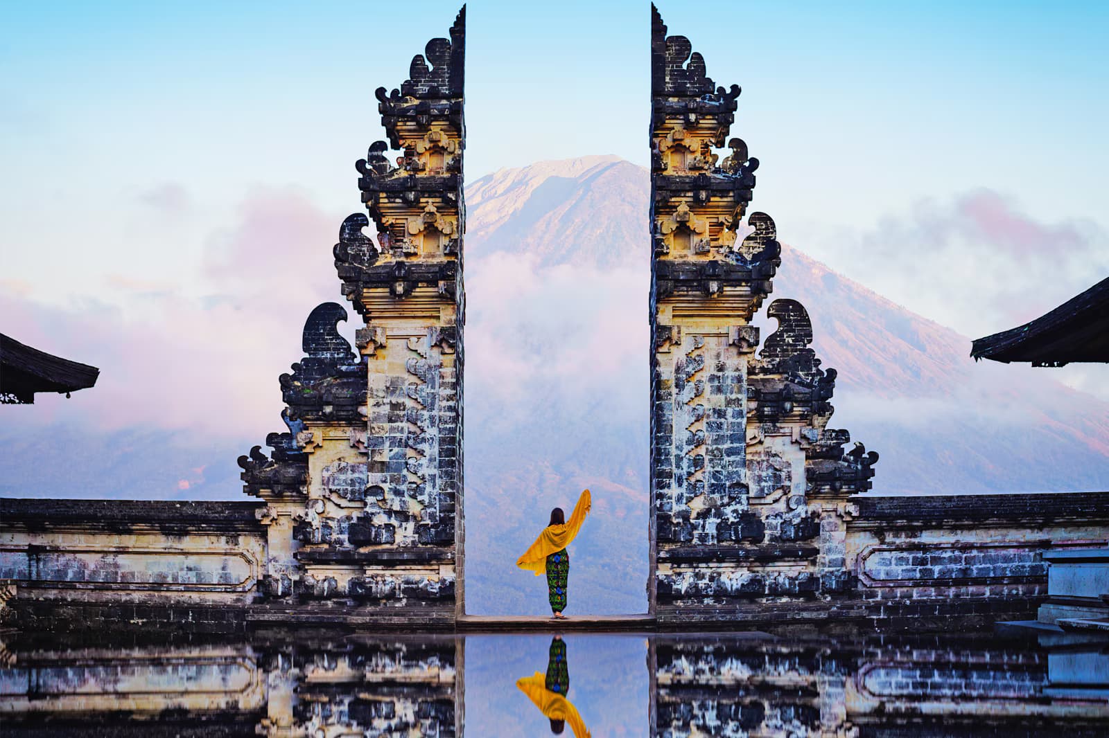 Gate of Heaven at Pura Lempuyang temple with Mount Agung reflected in the water